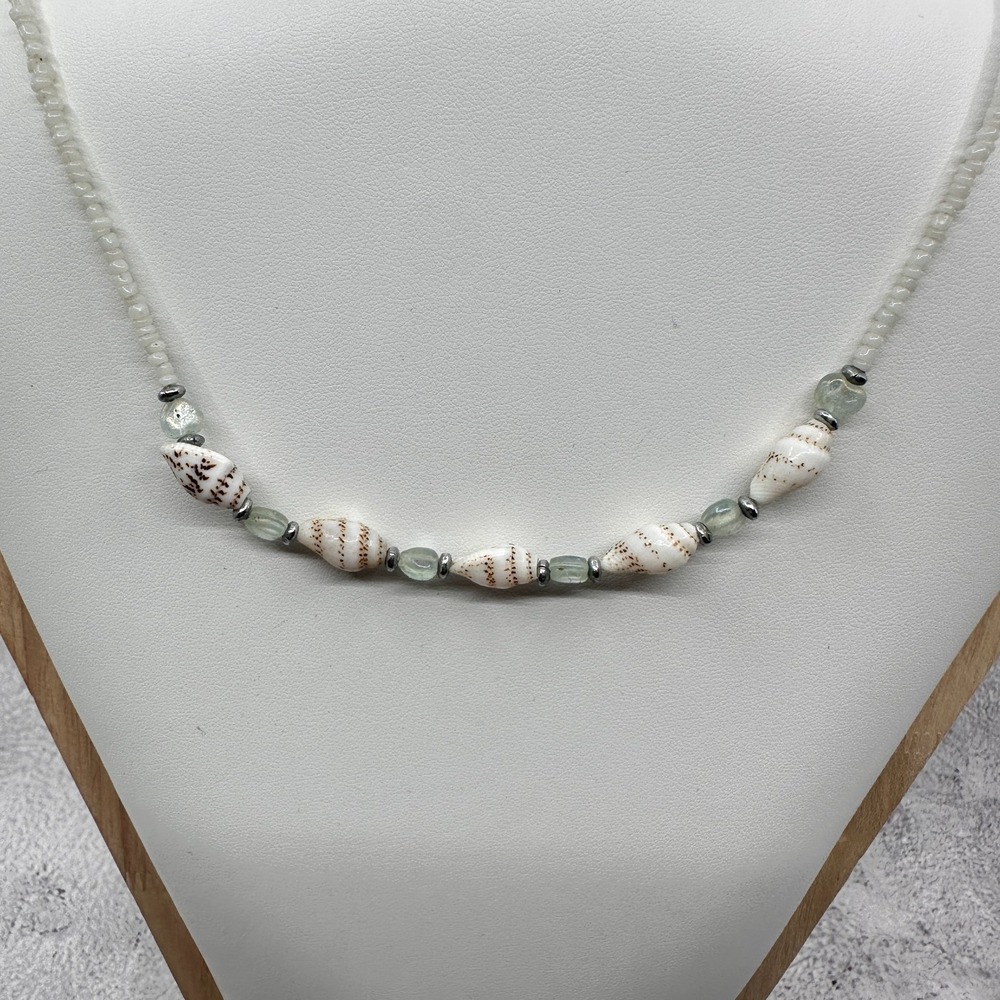 Shell Green Glass Bead Necklace White Seed Beads Coastal Boho Beach Vintage